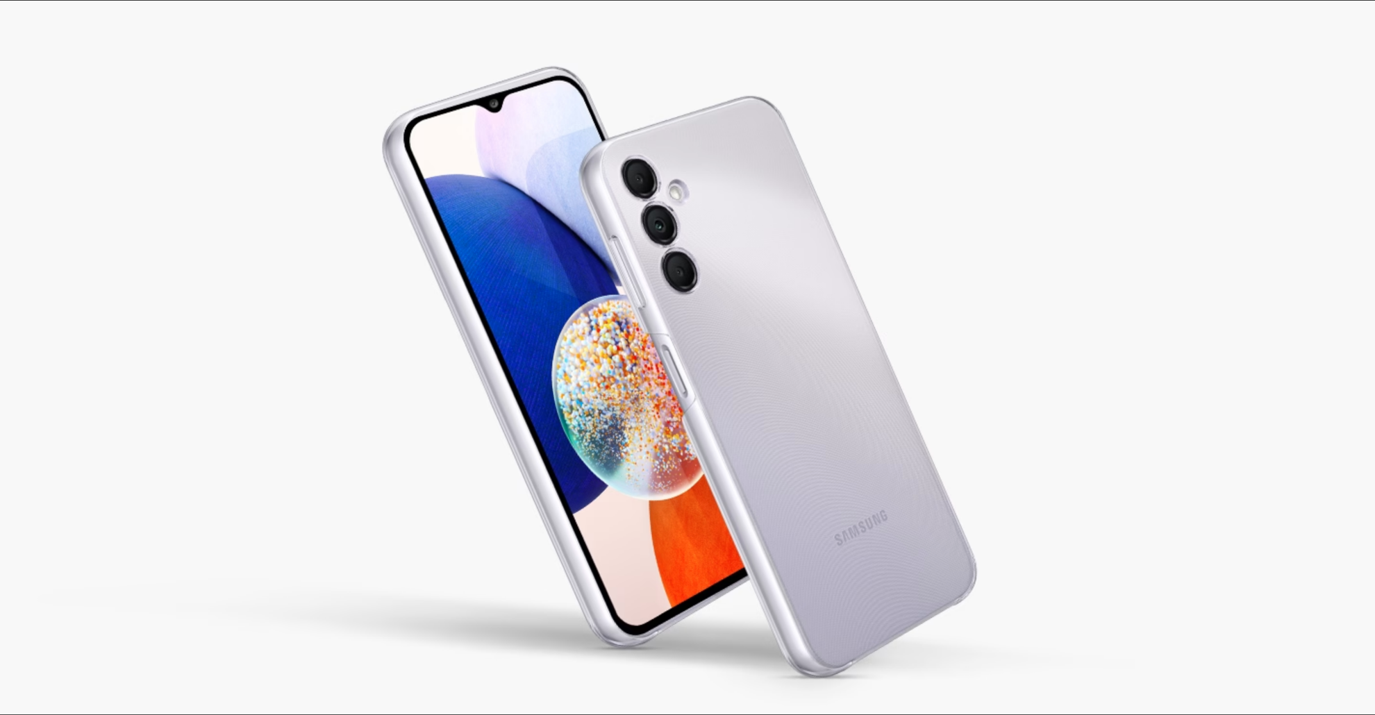 Two silver Galaxy A14 5G devices with the Clear Case installed are seen at an angle facing each other. Both devices are tilted to the left. One is seen from the front and the screen shows a colorful graphic. The other one is seen from the rear.